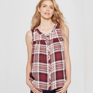 Knox Rose Burgundy Plaid Tank Top 2x Ruffle Trim Soft Material